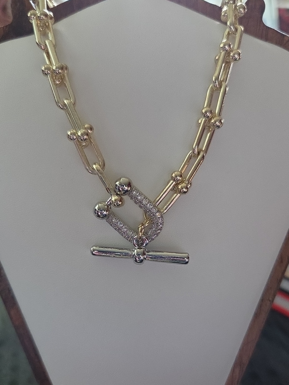 Gold-Tone Link Necklace with Pave Toggle Pendant